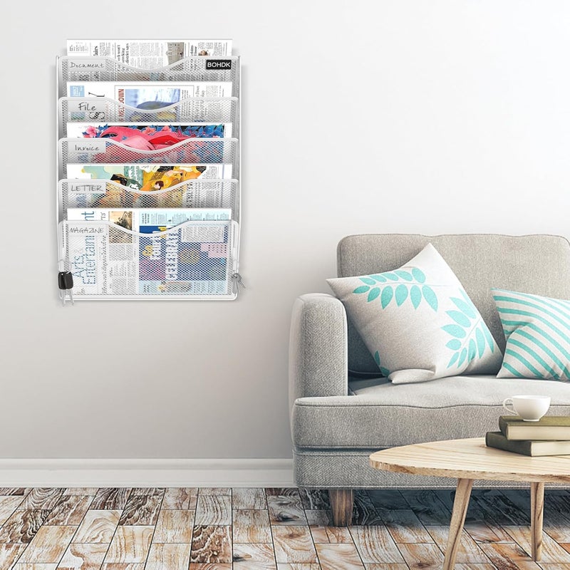 BOHDK Wall File Organizer, 5 Tire Hanging File Folder Organizer, Vertical Mesh Metal Door/Wall Mount Hanging File Holder, Paper Document Magazine Rack with Hooks for Home Office White - Image 2